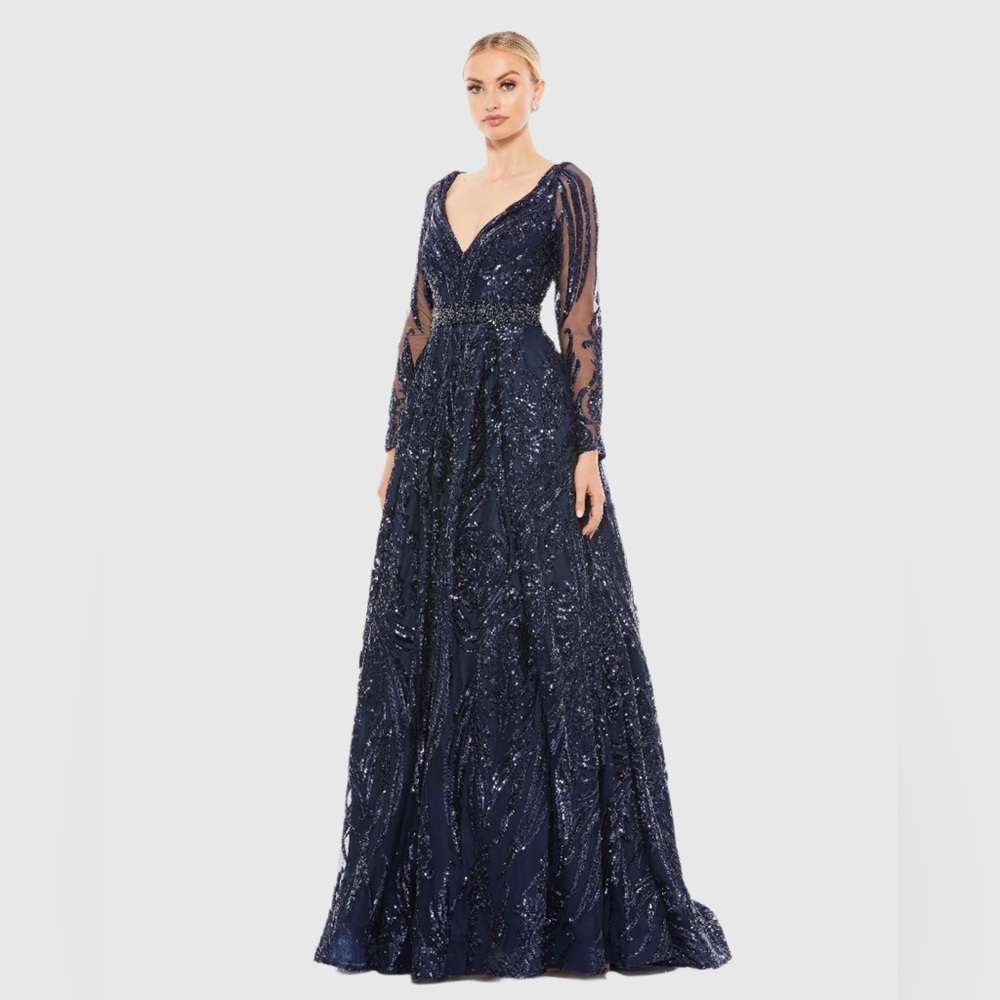 Mac Duggal Midnight Blue Long Sleeve Embellished Evening Gown for Black Tie NYE